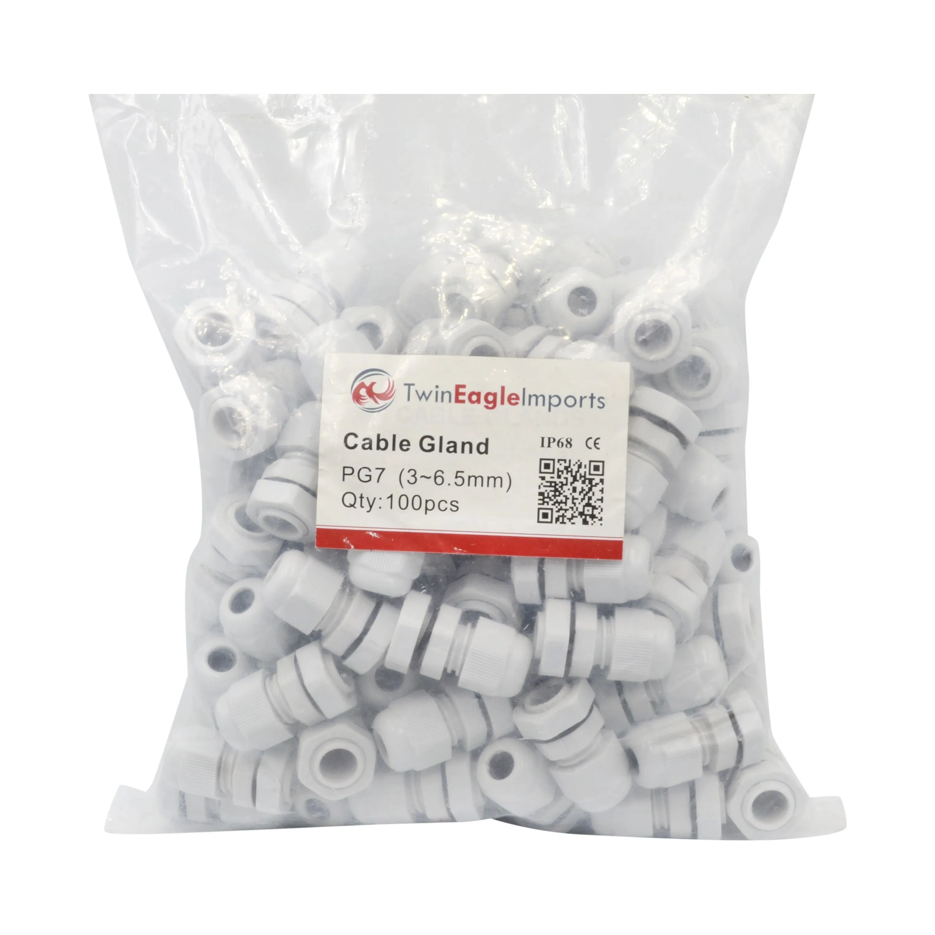 100 Pack IP68 PG7 White Nylon Cable Gland 3-6.5mm Cable Range