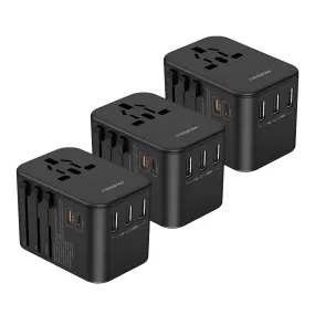 3PACK Universal Travel Plug Adapter PD 35W QC 3.0 USB 3 USB-A 2 USB-C All in One Worldwide Rapid Charge  Black