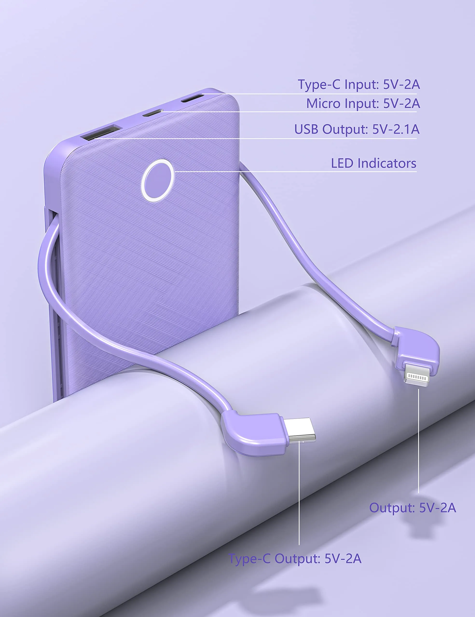 6000mah Ultra Slim Built in Cables Power Bank, Card Size Built in USB C Cords Battery Pack Portable Charger for Phones, 3 Output External Battery Pack Compatible with iPhone, Samsung, Google, Purple