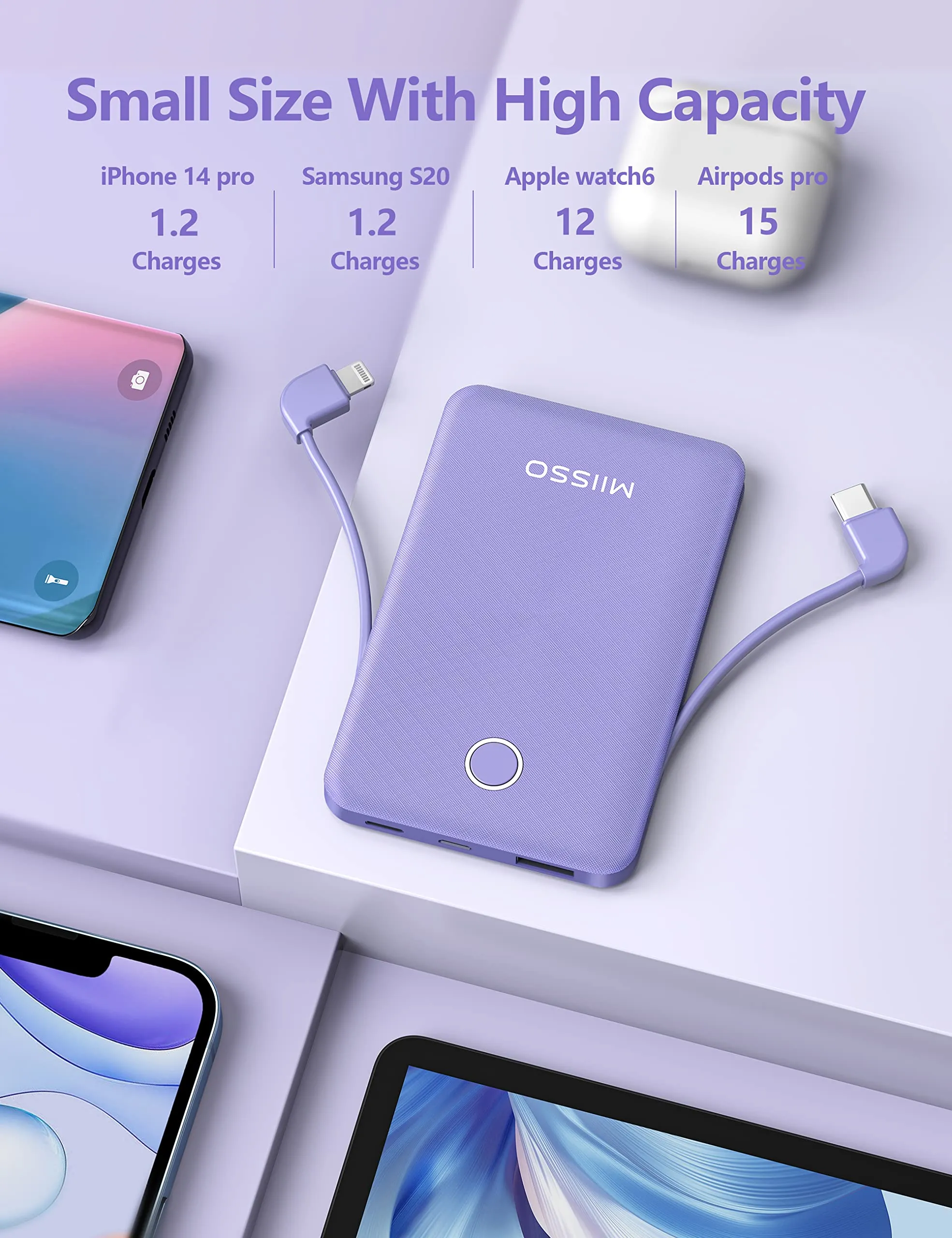 6000mah Ultra Slim Built in Cables Power Bank, Card Size Built in USB C Cords Battery Pack Portable Charger for Phones, 3 Output External Battery Pack Compatible with iPhone, Samsung, Google, Purple