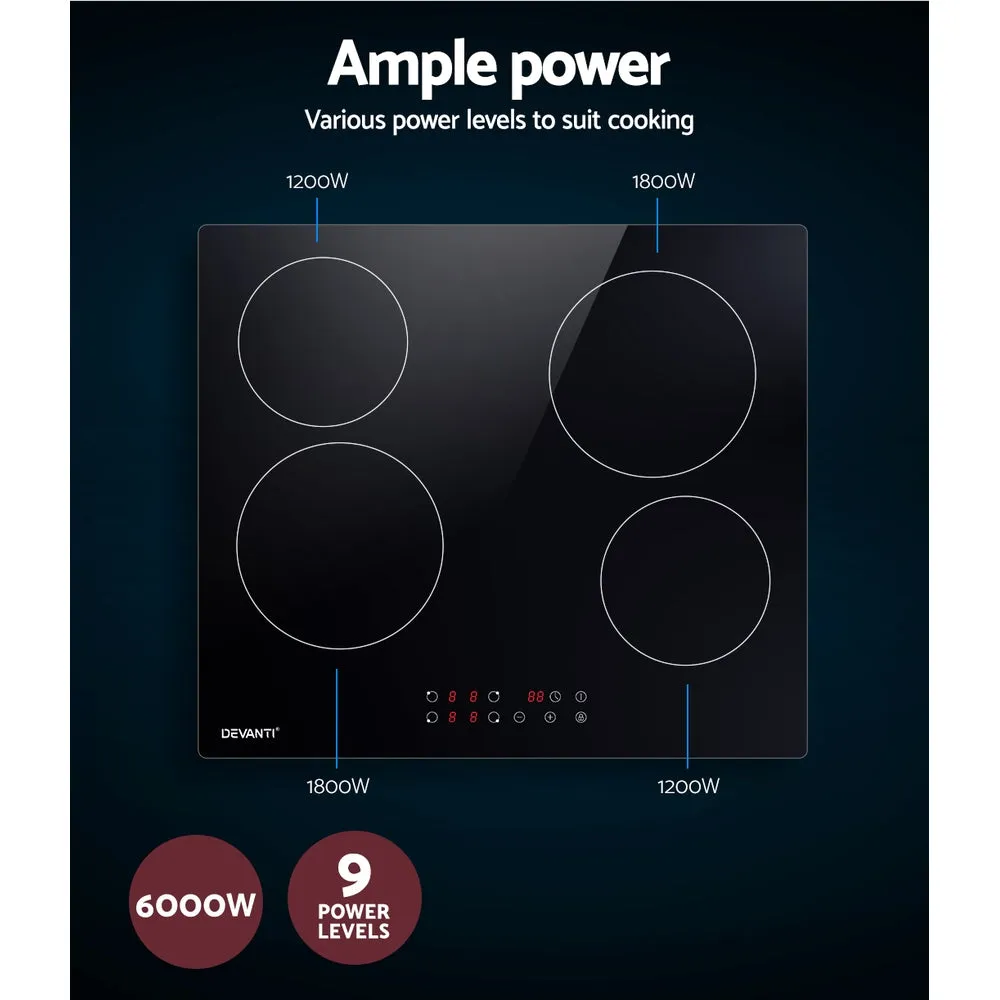 6000W 60cm Electric Ceramic Cooktop w/ Timer, Devanti