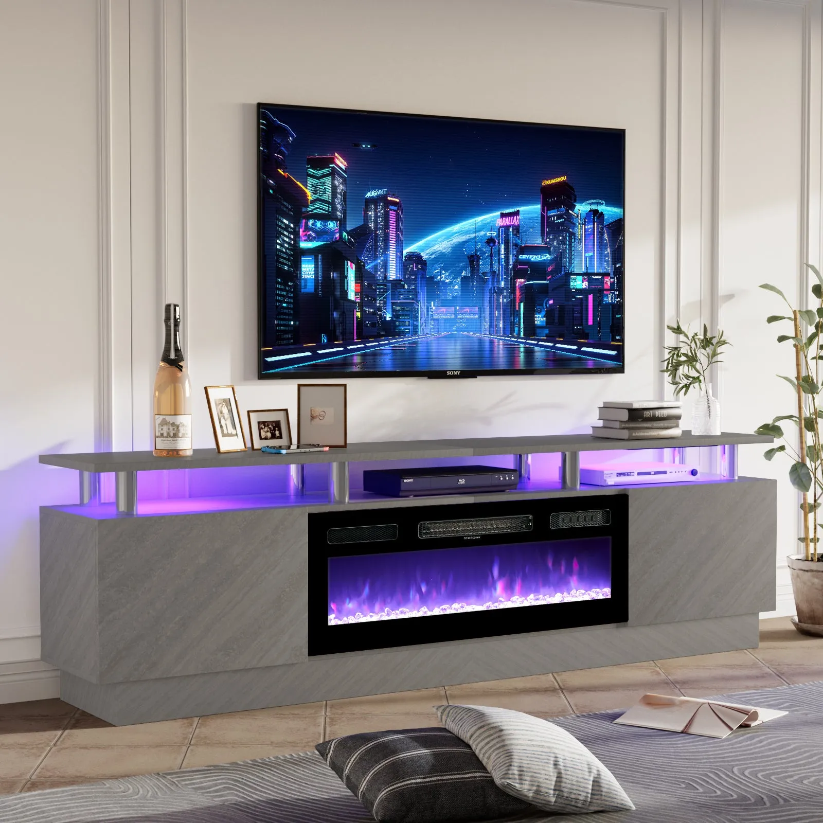 70"/80" 2 Tiers Luxury Modern High Gloss Fireplace TV Stand