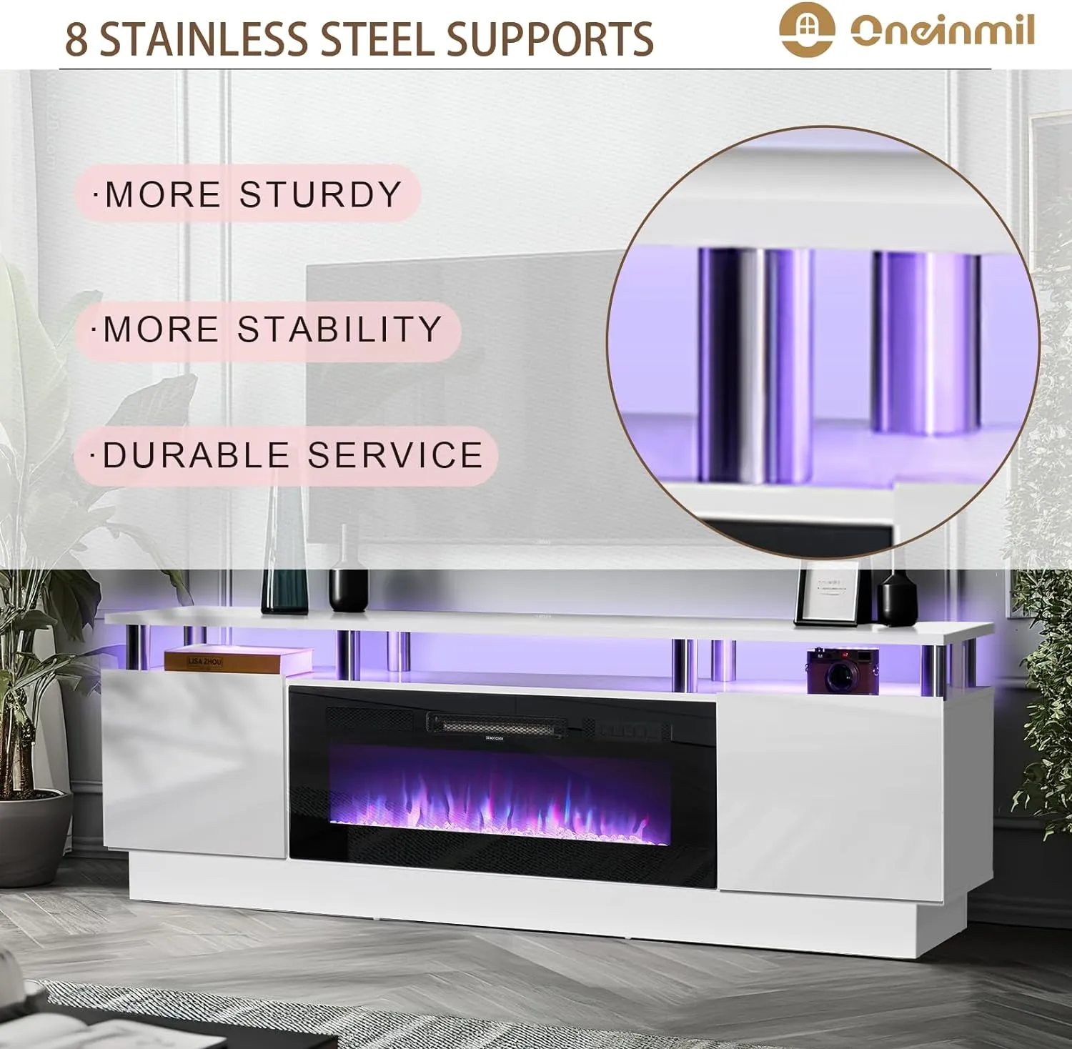 70"/80" 2 Tiers Luxury Modern High Gloss Fireplace TV Stand