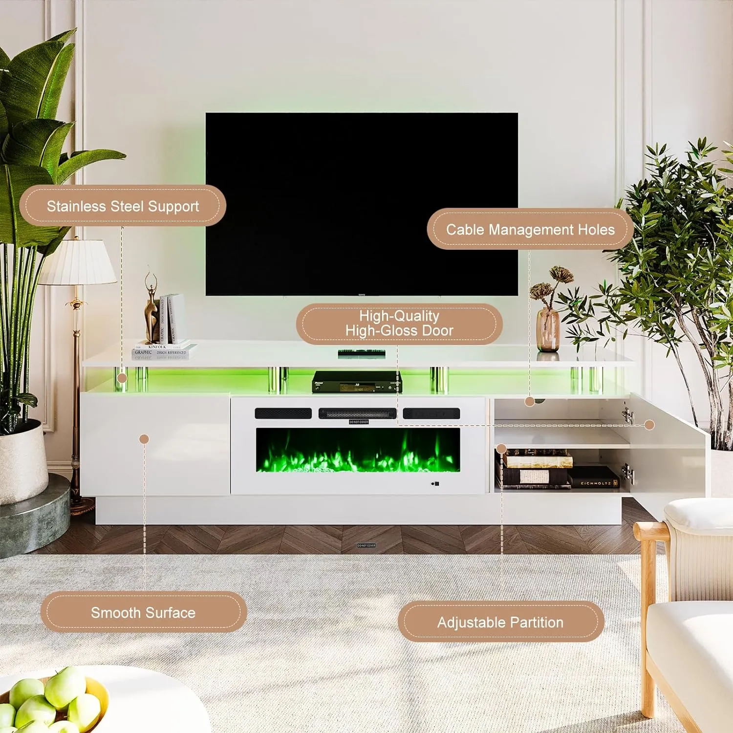 70"/80" 2 Tiers Luxury Modern High Gloss Fireplace TV Stand