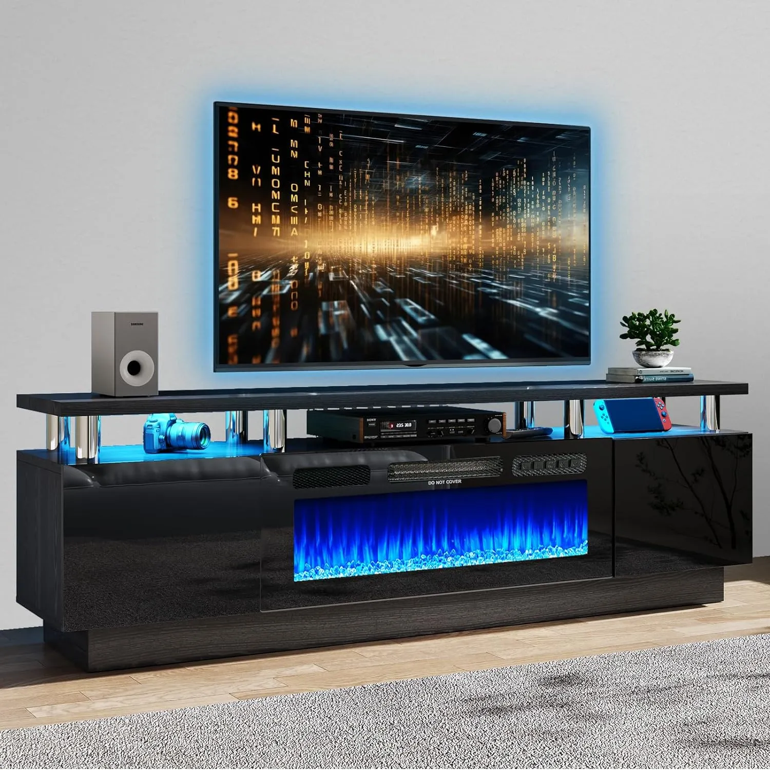 70"/80" 2 Tiers Luxury Modern High Gloss Fireplace TV Stand