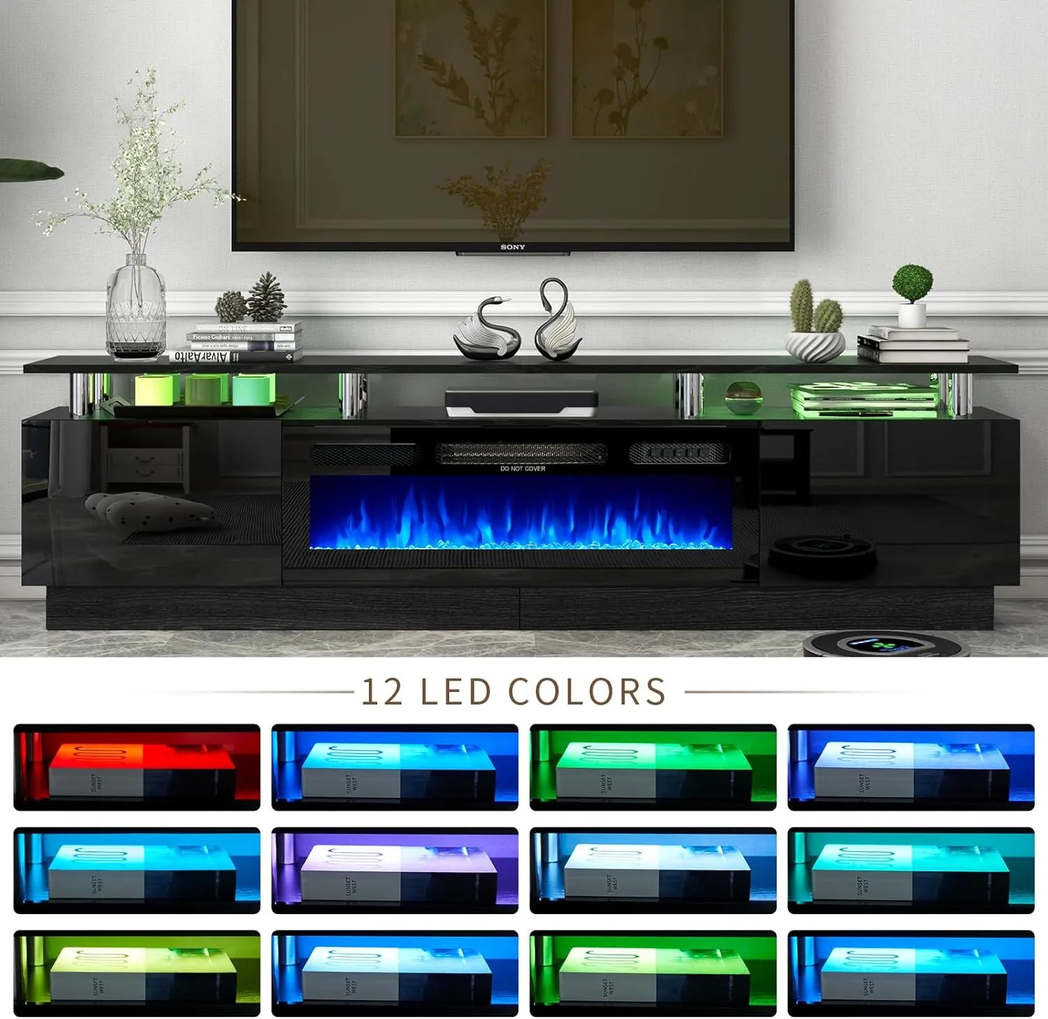 70"/80" 2 Tiers Luxury Modern High Gloss Fireplace TV Stand