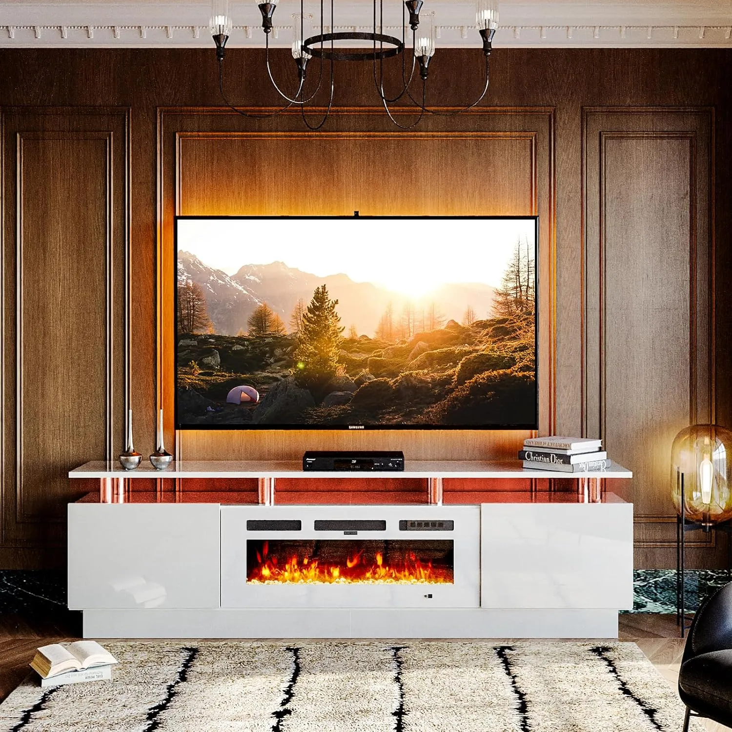 70"/80" 2 Tiers Luxury Modern High Gloss Fireplace TV Stand