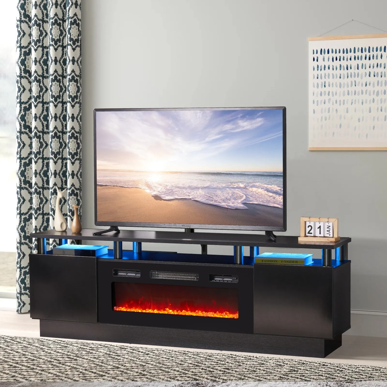 70"/80" 2 Tiers Luxury Modern High Gloss Fireplace TV Stand