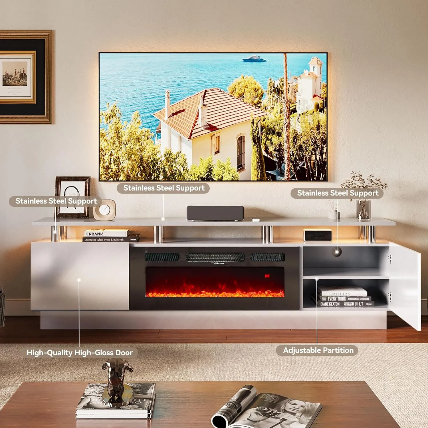 70"/80" 2 Tiers Luxury Modern High Gloss Fireplace TV Stand