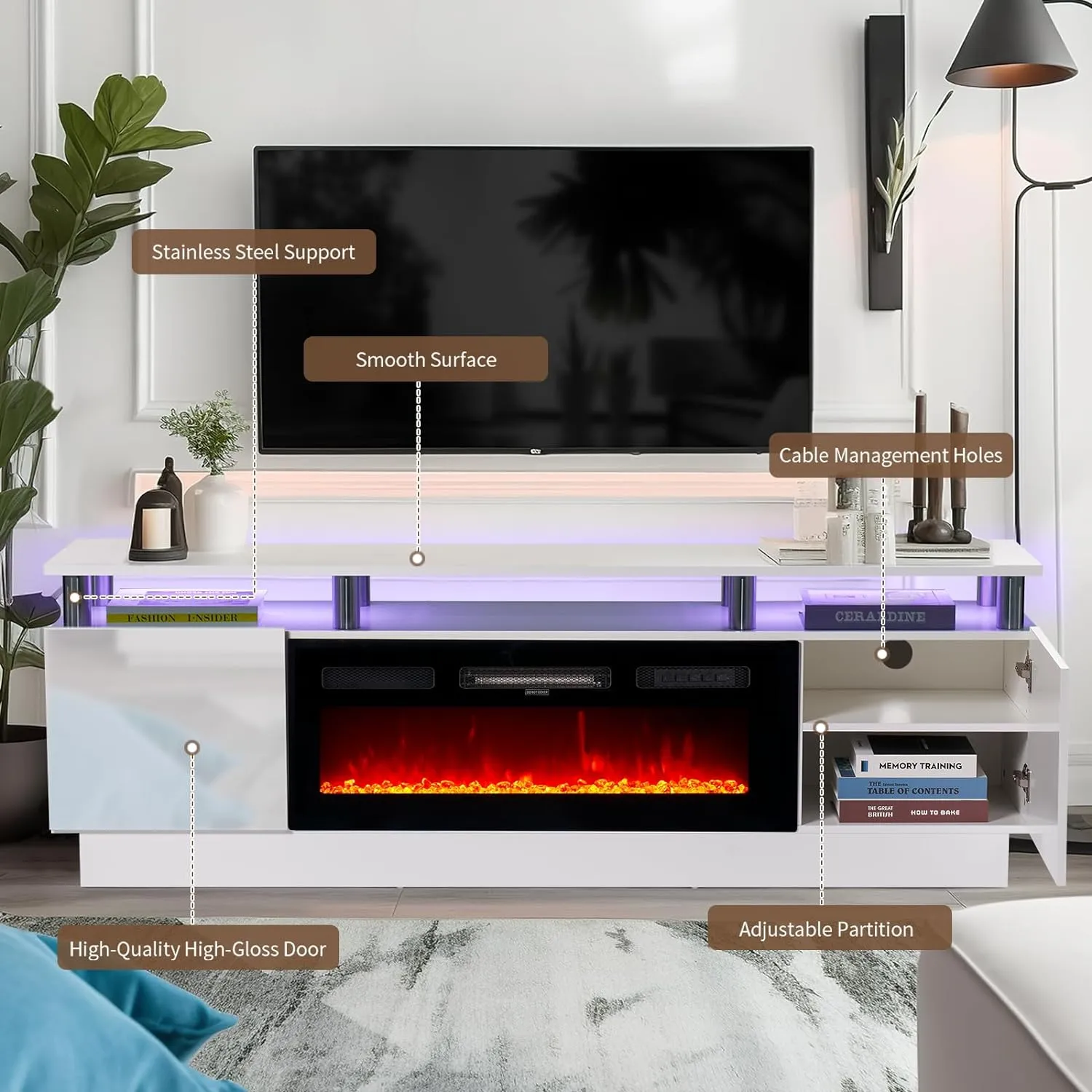 70"/80" 2 Tiers Luxury Modern High Gloss Fireplace TV Stand