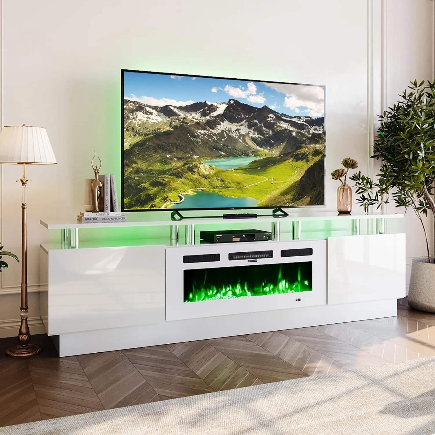 70"/80" 2 Tiers Luxury Modern High Gloss Fireplace TV Stand