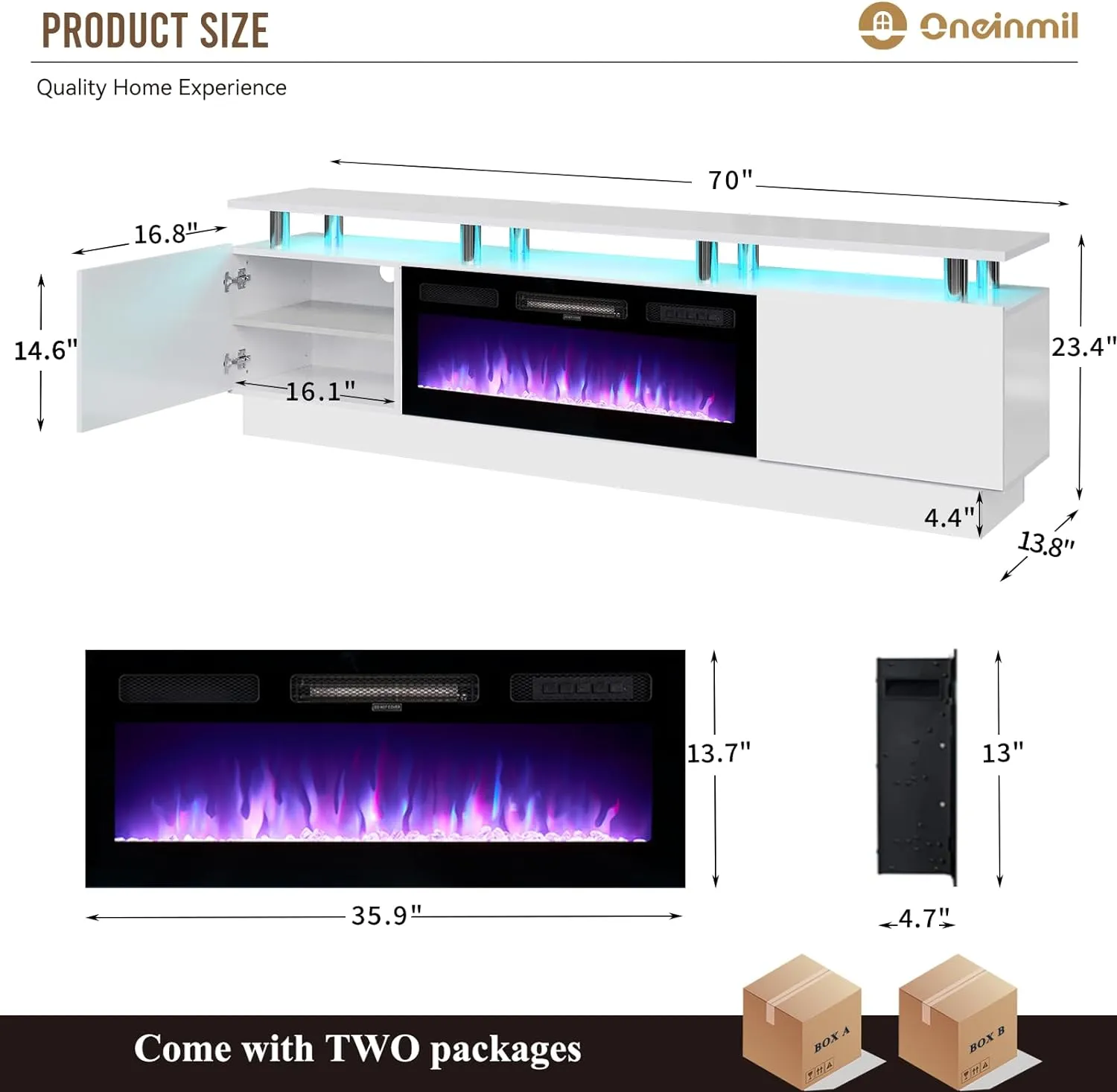 70"/80" 2 Tiers Luxury Modern High Gloss Fireplace TV Stand