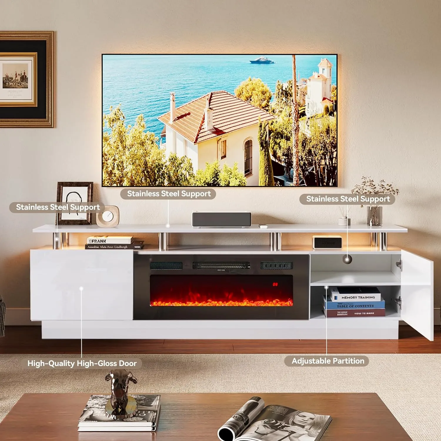 70"/80" 2 Tiers Luxury Modern High Gloss Fireplace TV Stand