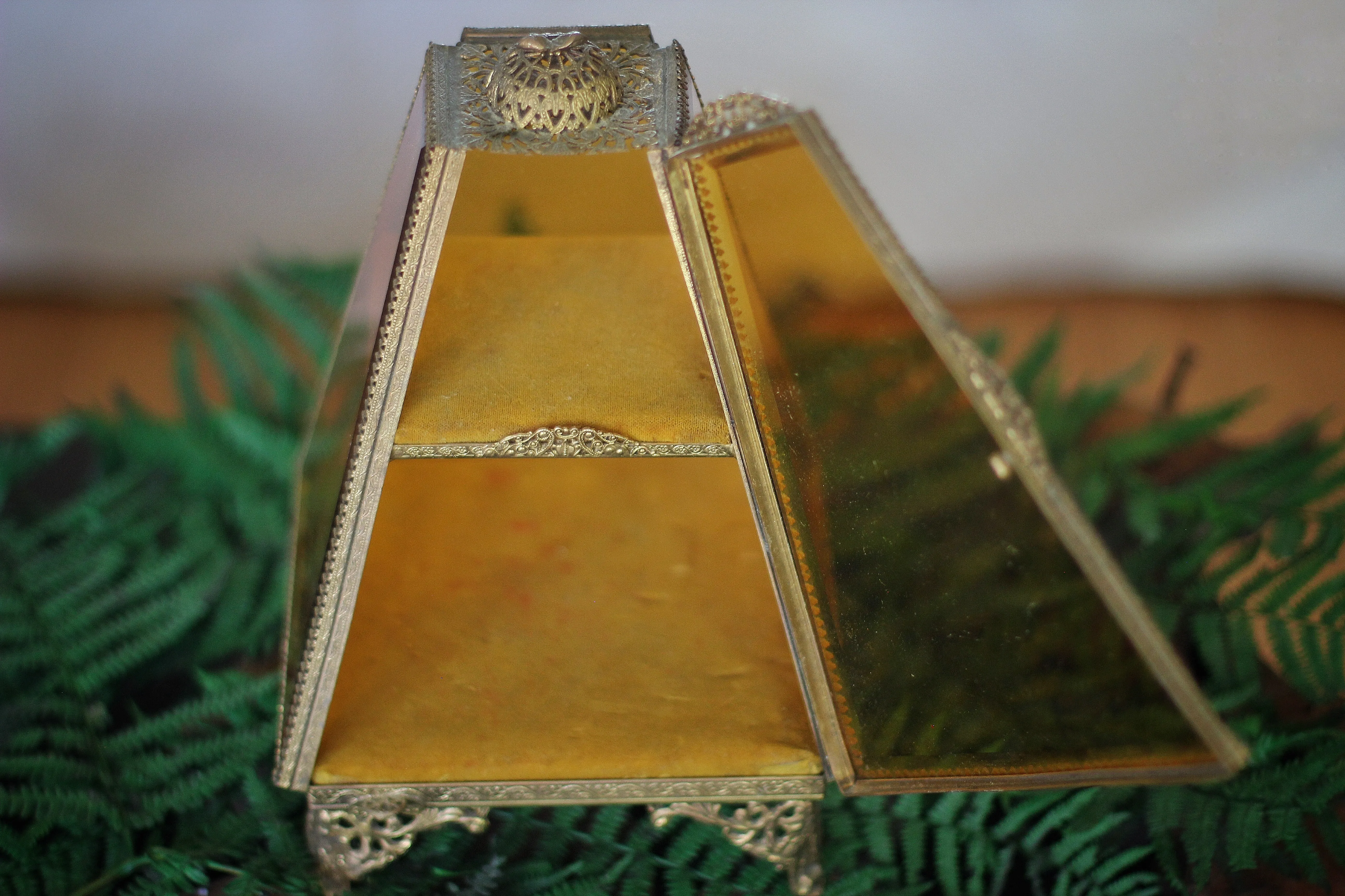 Antique Pyramid Amber Tinted Glass Jewelry Box