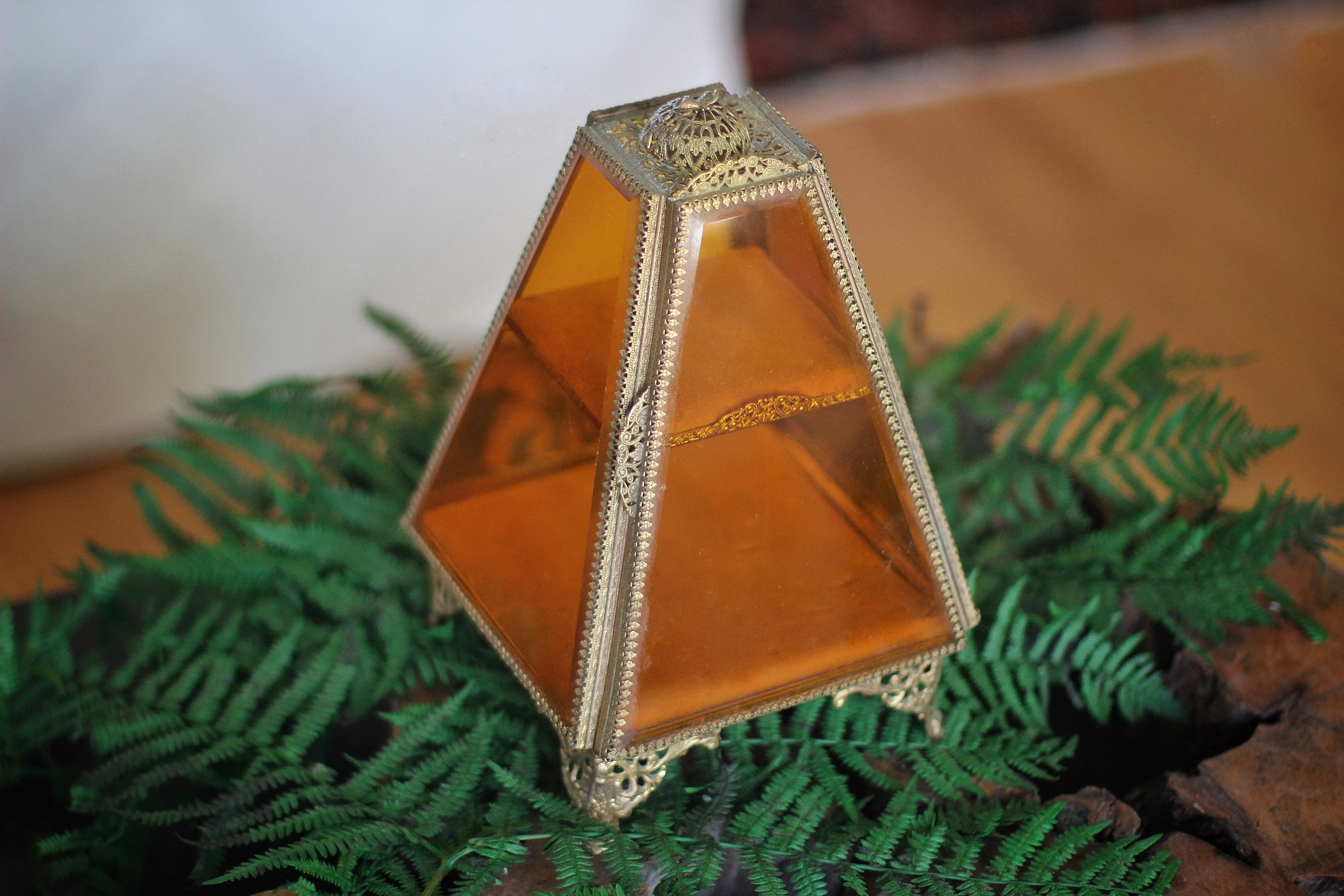 Antique Pyramid Amber Tinted Glass Jewelry Box