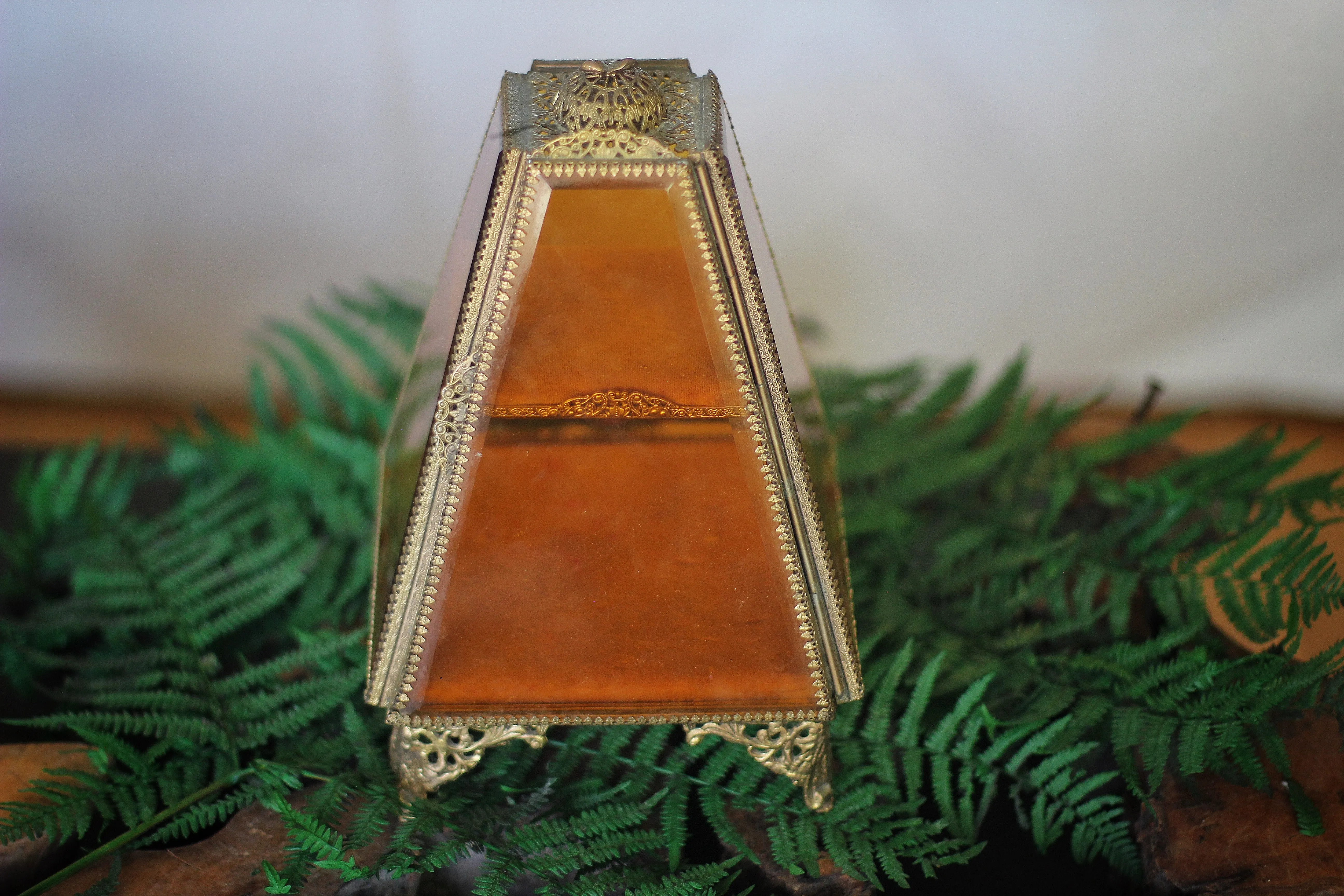 Antique Pyramid Amber Tinted Glass Jewelry Box