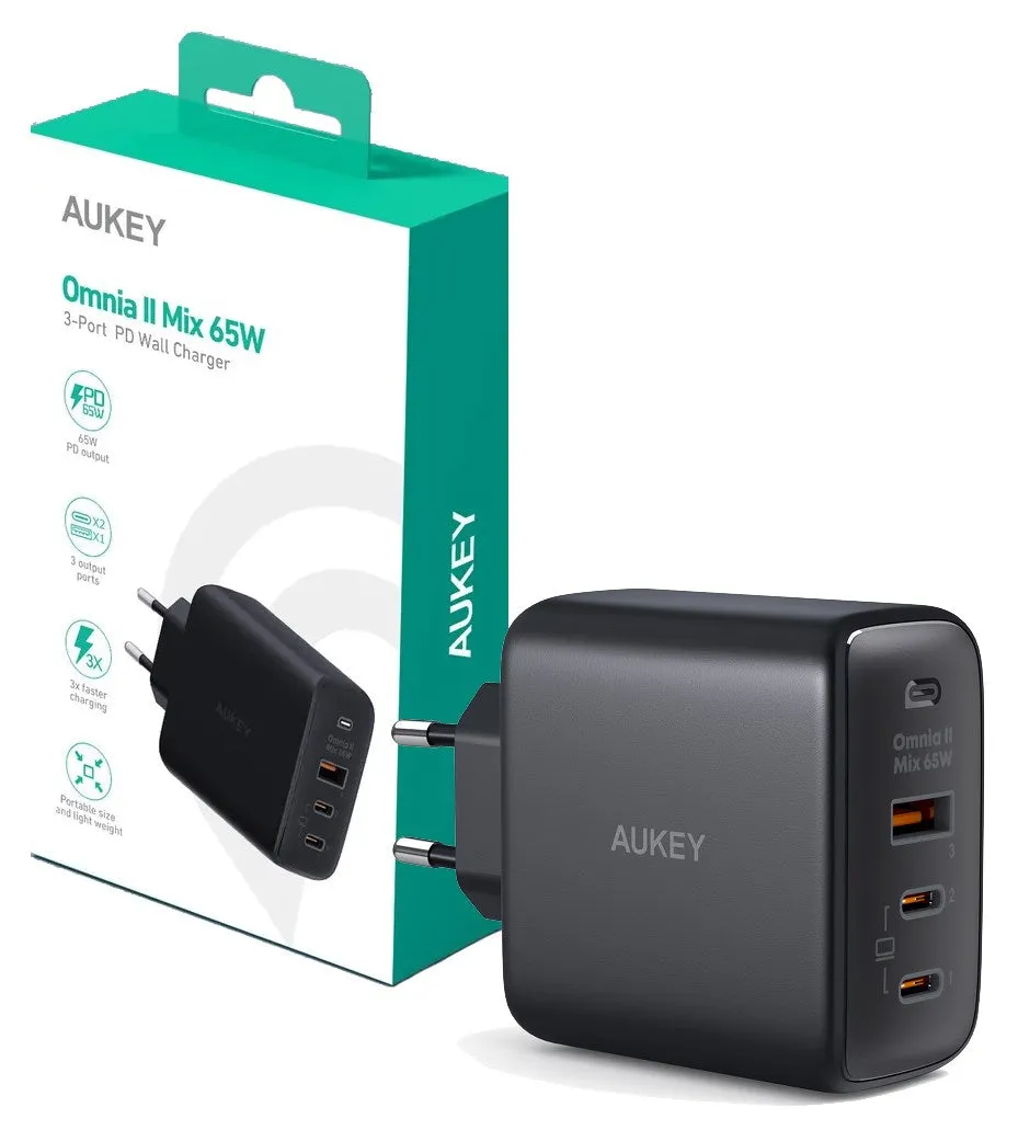 Aueky Omnia Ii Mix Pa-B6t Wall Charger 1X Usb 2X Usb-C Power Delivery 3.0 65W Black