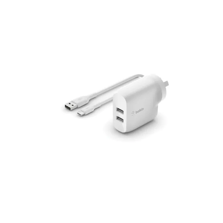 Belkin BoostcHARGE TM Dual USB-A Wall Charger 24W   USB-A to USB-C Cable