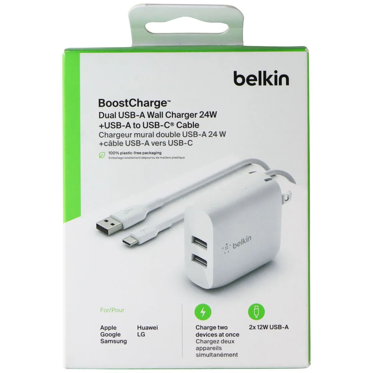 Belkin Dual USB-A Wall Charger (24W)   USB-A to USB-C Cable - White