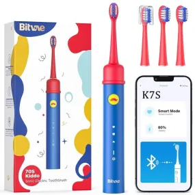 Bitvae K7S Kids Electric Toothbrush with 4 Heads, for Age 4 , Rechargeable Power Toothbrush with Pressure Sensor, Bluetooth, 3 Modes, 2 Mins Smart timer