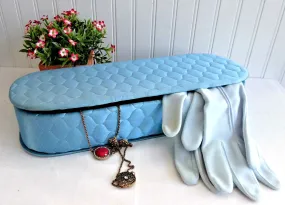 Blue Quilted Satin Glove Box Lingerie Jewelry Box 1940s Vanity Box