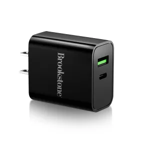 Brookstone Dual Port Fast Charging Adapter with 1 USB Type C & 1 USB A 20W Rapid Wall Charger For iPhone, Tablet, AirPods, Android, Smart Watches | Double Charger Block