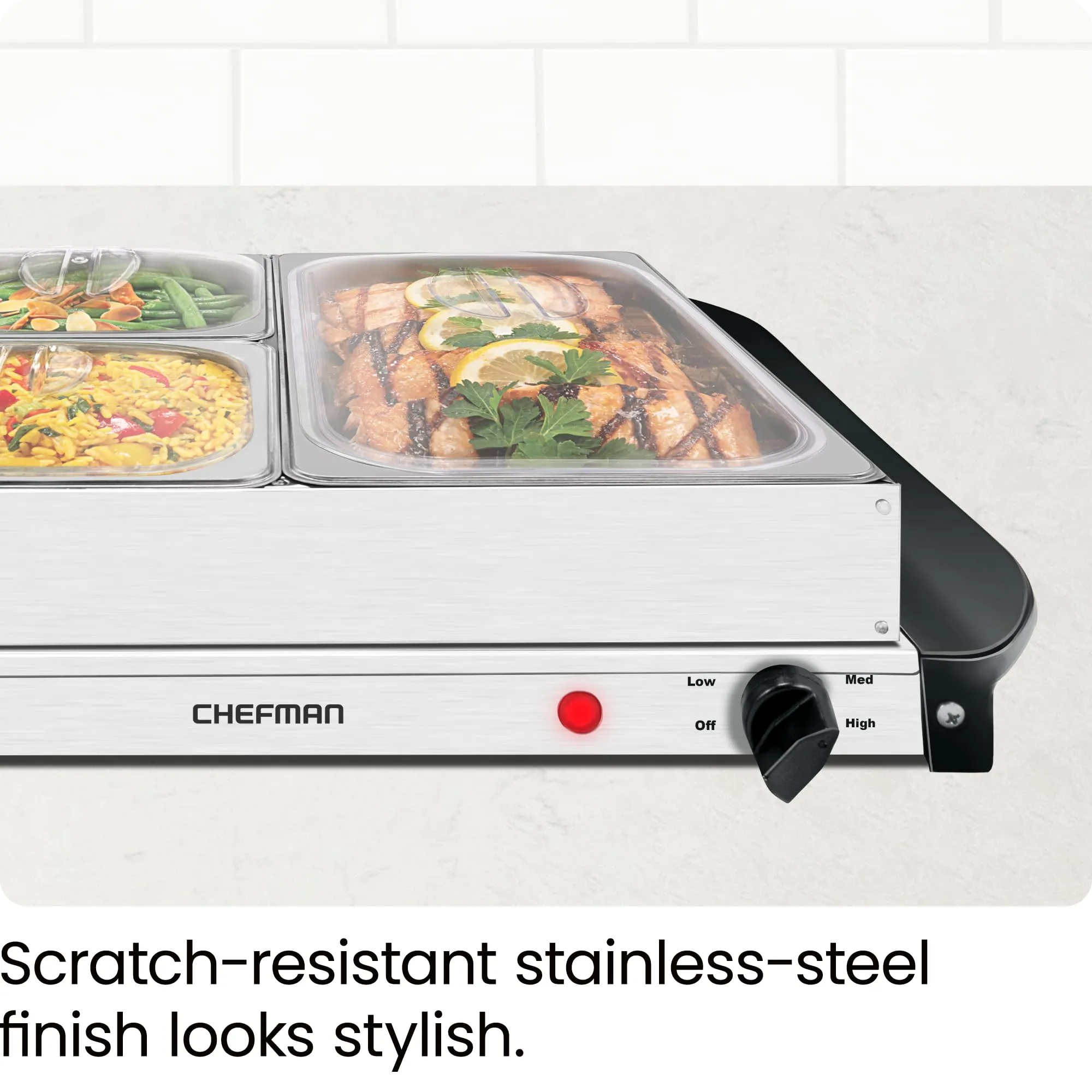 Chefman Buffet Server Adjustable Temperature & 3 Chafing Dishes Stainless Steel