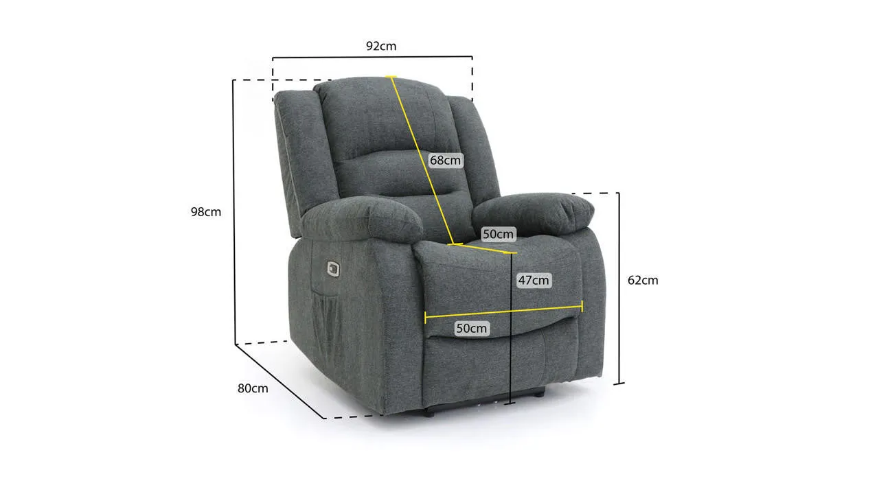 Chicago Electric Fabric Recliner Sofa - Graphite Armchair - 92 cm