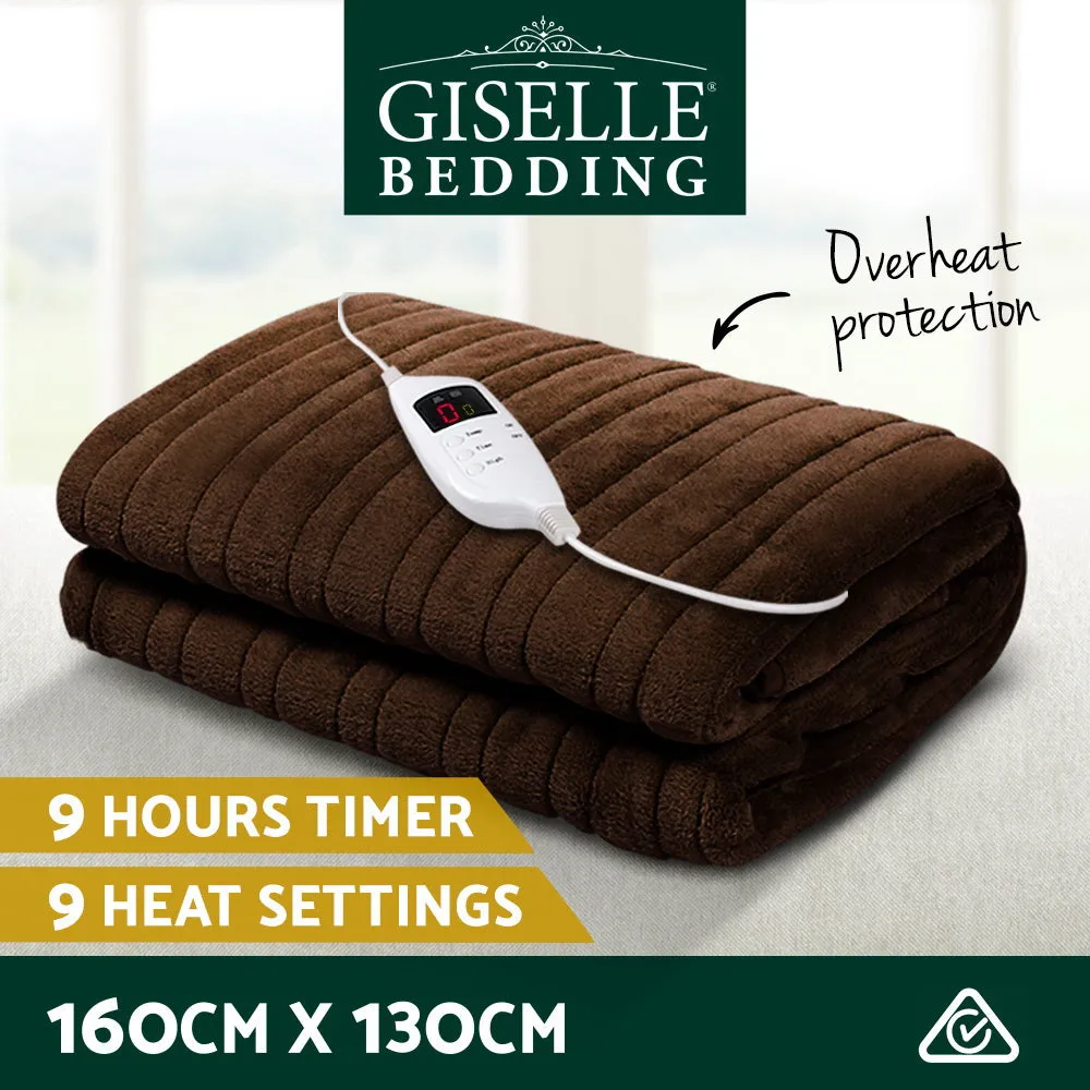 Chocolate Coral Fleece Electric Throw Blanket, 10 Temp Settings - Giselle Bedding