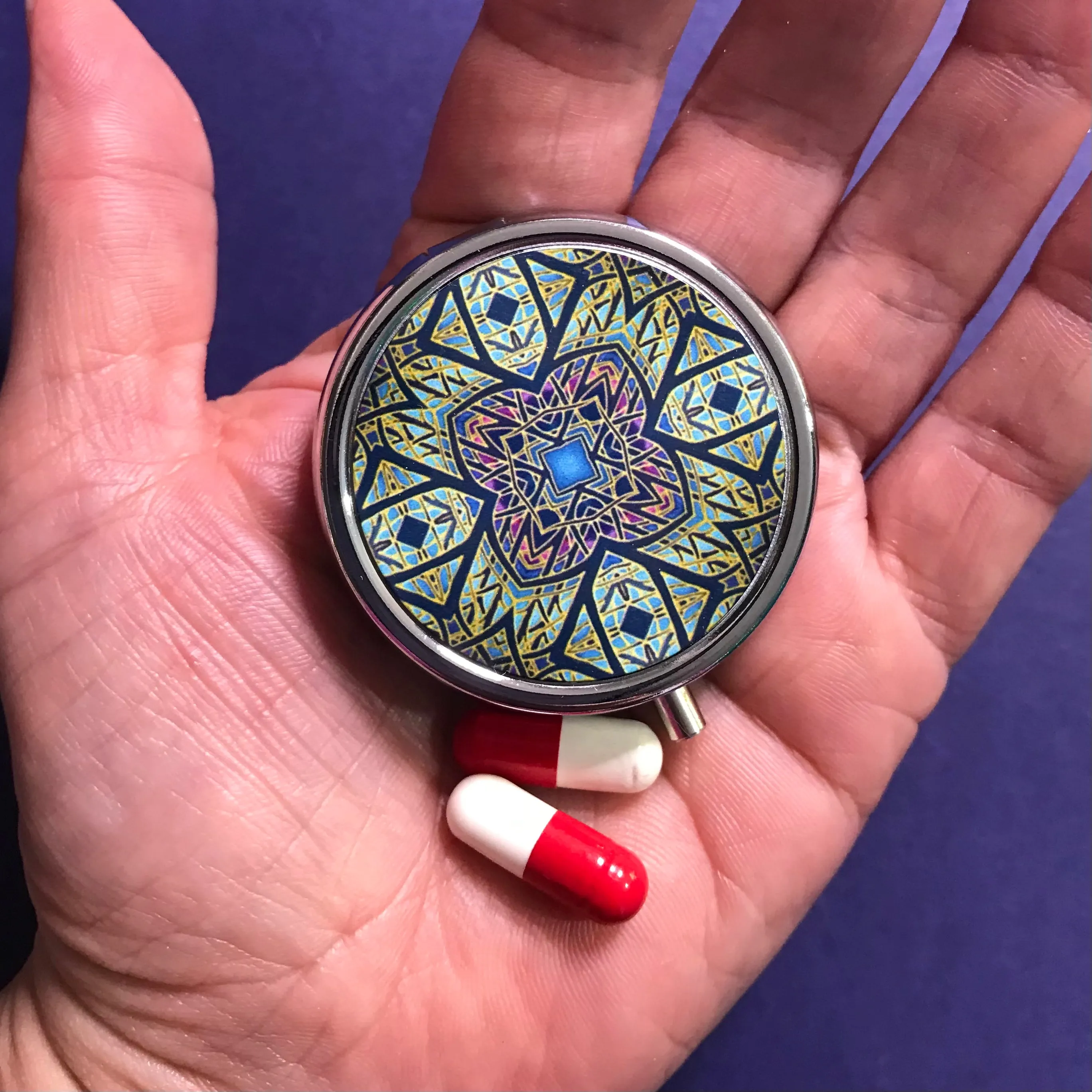 Contemporary Rose Window Pill Box - Bold Stained Glass Style Blue Round Box - Stud Earing Jewellery Box