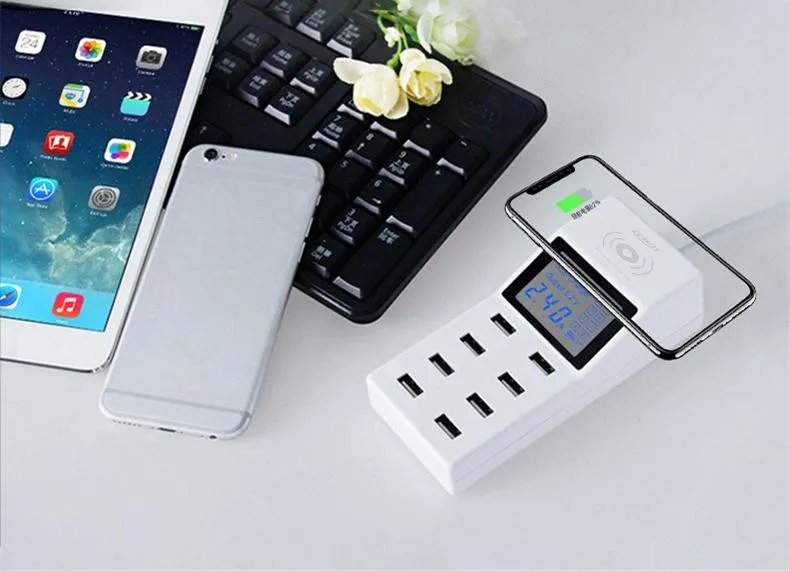 CRONY YC-CDA6W socket 8USB Wireless charging With Display  QC3.0 Smart Wireless Fast Charger for iPhone X S9 Mi6