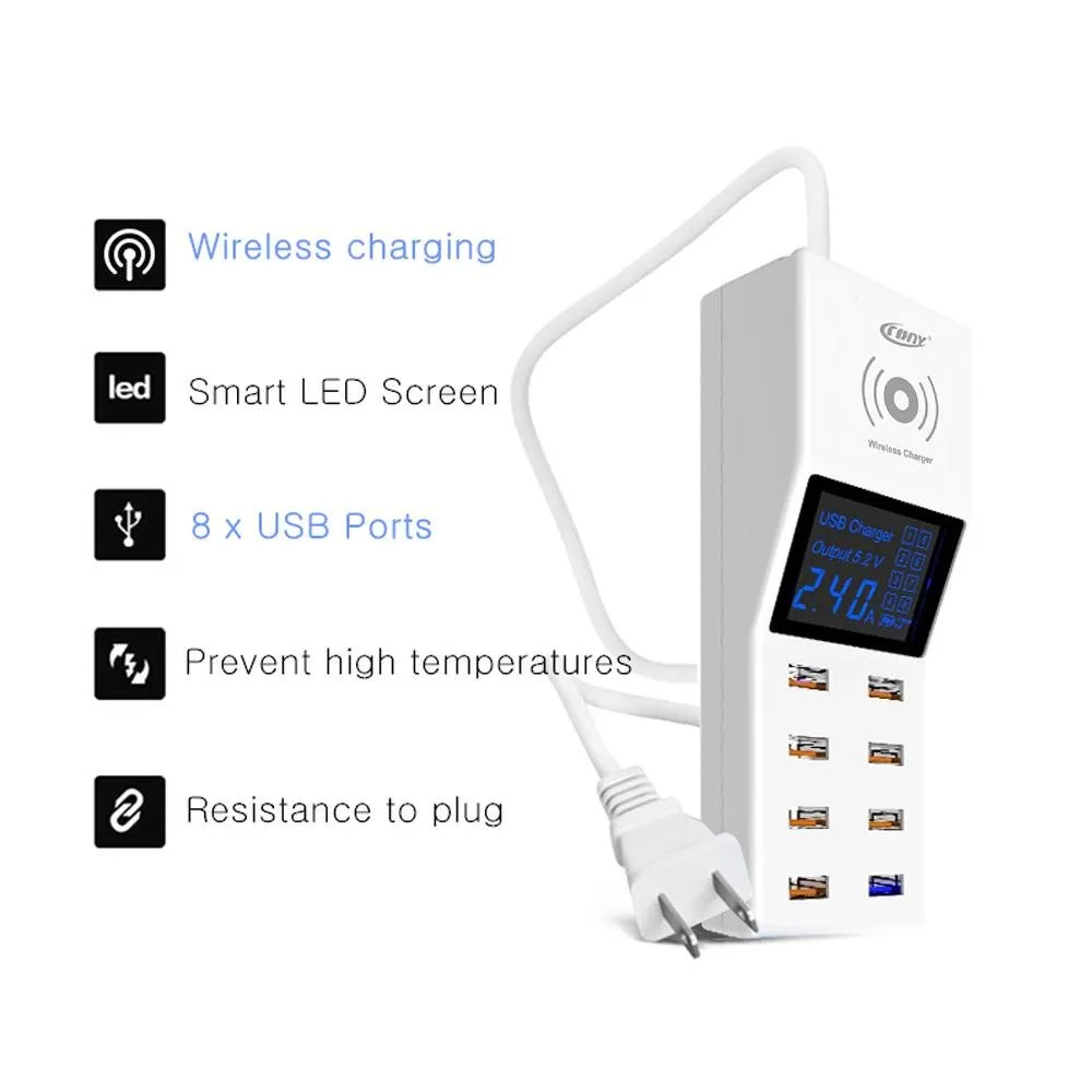 CRONY YC-CDA6W socket 8USB Wireless charging With Display  QC3.0 Smart Wireless Fast Charger for iPhone X S9 Mi6