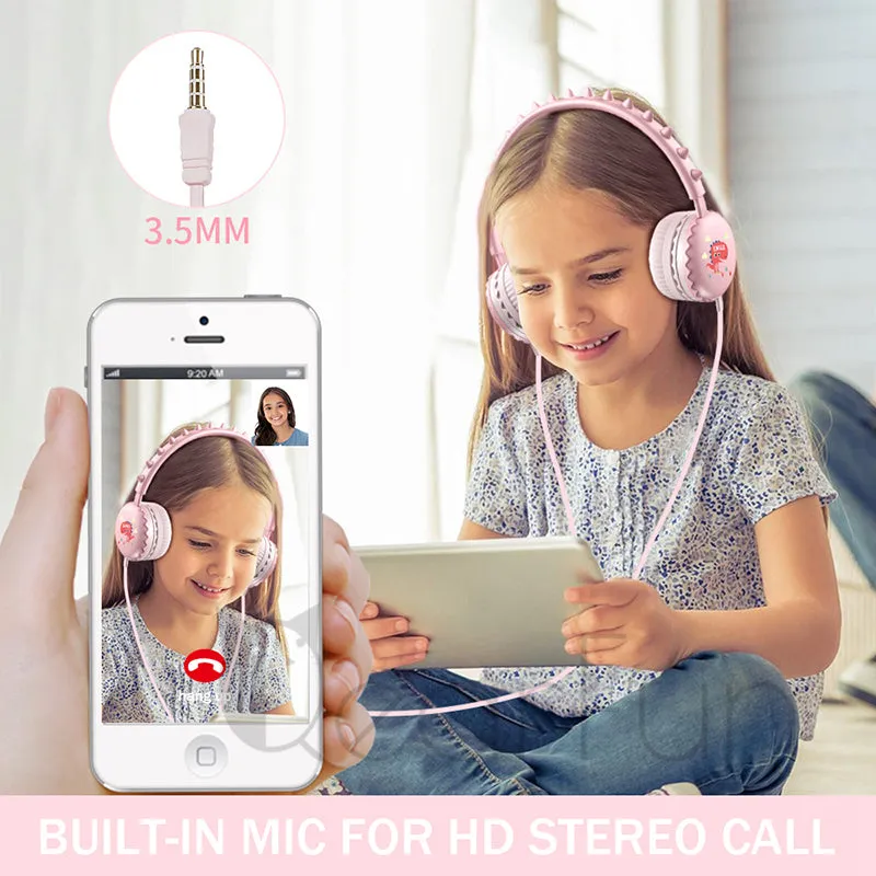 Cute Cartoon Dinosaur Wired Headphones with Microphone for Kids