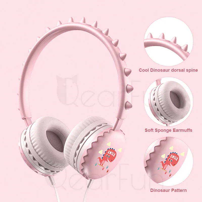 Cute Cartoon Dinosaur Wired Headphones with Microphone for Kids