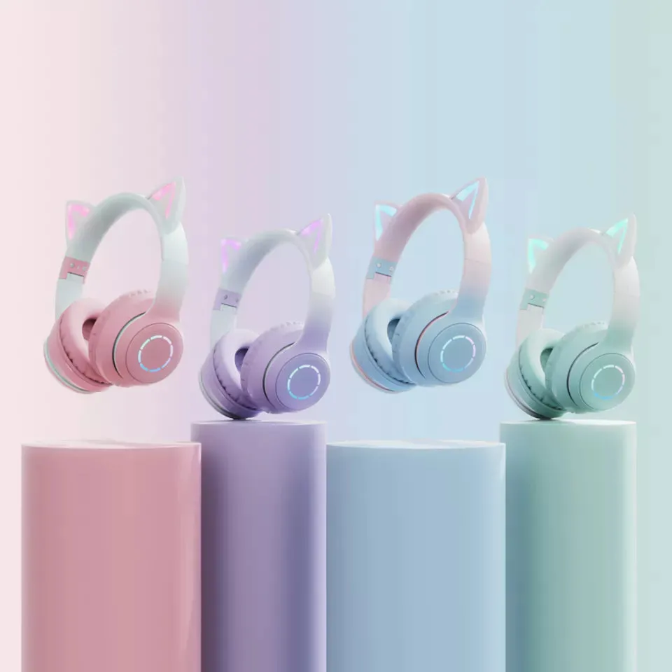 Cute Cat Ear Kids BT029 LED Light Bluetooth Luminous Heavy Bass Stereo Wireless Headphones with Detachable Microphone