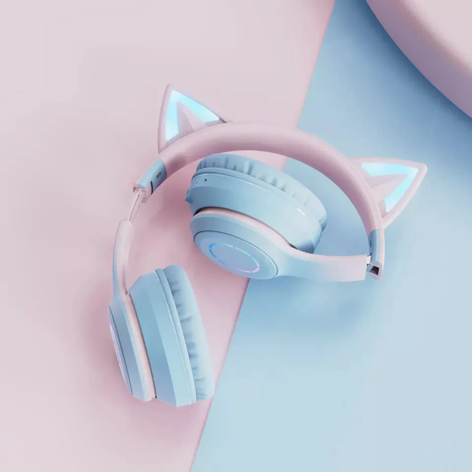 Cute Cat Ear Kids BT029 LED Light Bluetooth Luminous Heavy Bass Stereo Wireless Headphones with Detachable Microphone