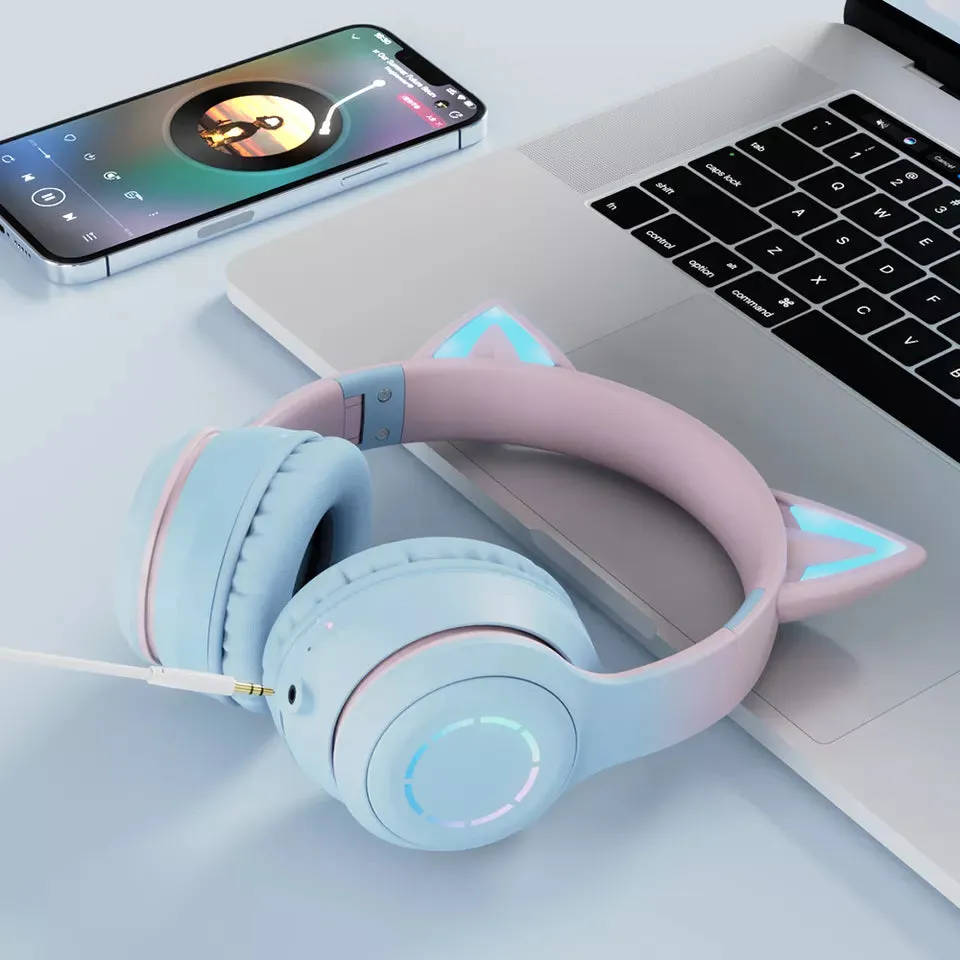 Cute Cat Ear Kids BT029 LED Light Bluetooth Luminous Heavy Bass Stereo Wireless Headphones with Detachable Microphone