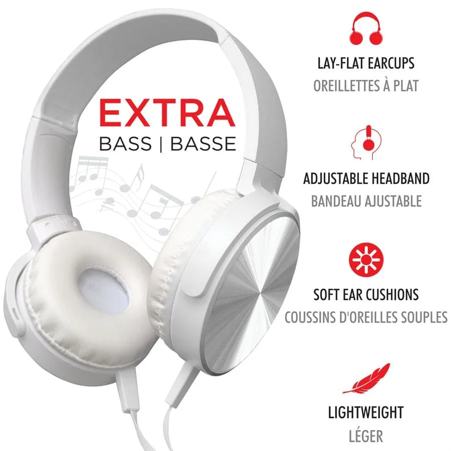 EXTRA BASS OVER-THE-EAR FOLDABLE STEREO HEADPHONES, WHITE