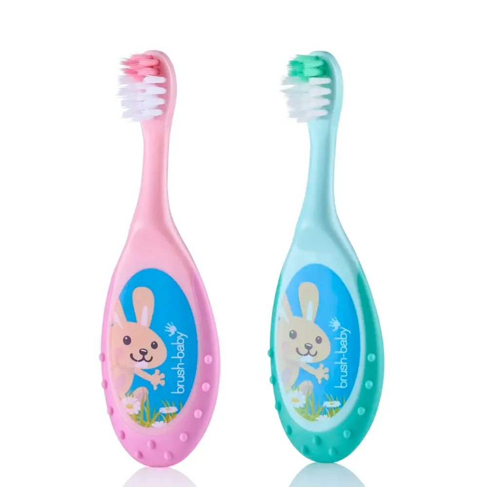 FlossBrush™ Baby Bristles Toothbrush (0-3 Years) Double Pack Pink & Teal With Applemint Baby Toothpaste