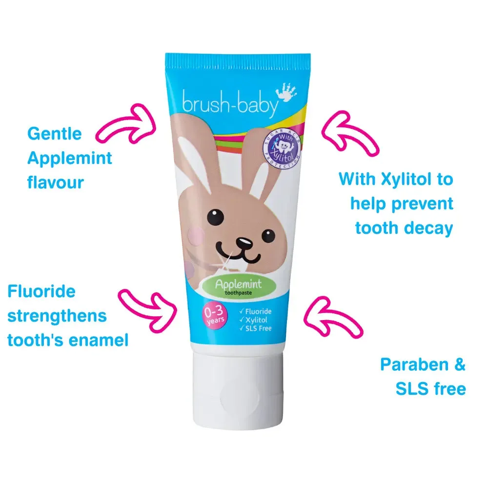 FlossBrush™ Baby Bristles Toothbrush (0-3 Years) Double Pack Pink & Teal With Applemint Baby Toothpaste