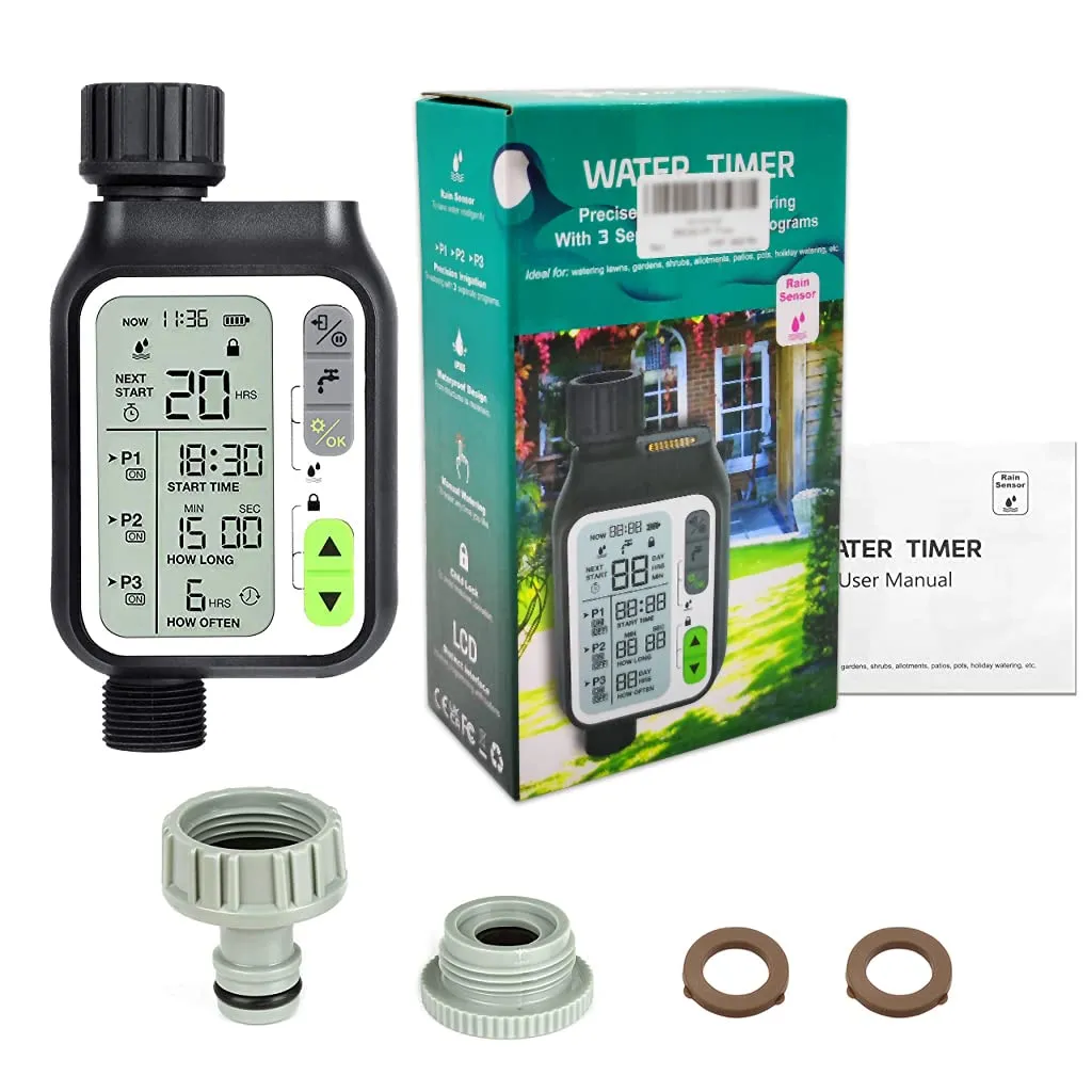 HASTHIP® Drip Irrigation Timer for Garden Farm, Irrigation Water Timer with Rainy Sensor   Multi Programs Automatic Watering System, Waterproof Digital Irrigation Timer System for Lawns