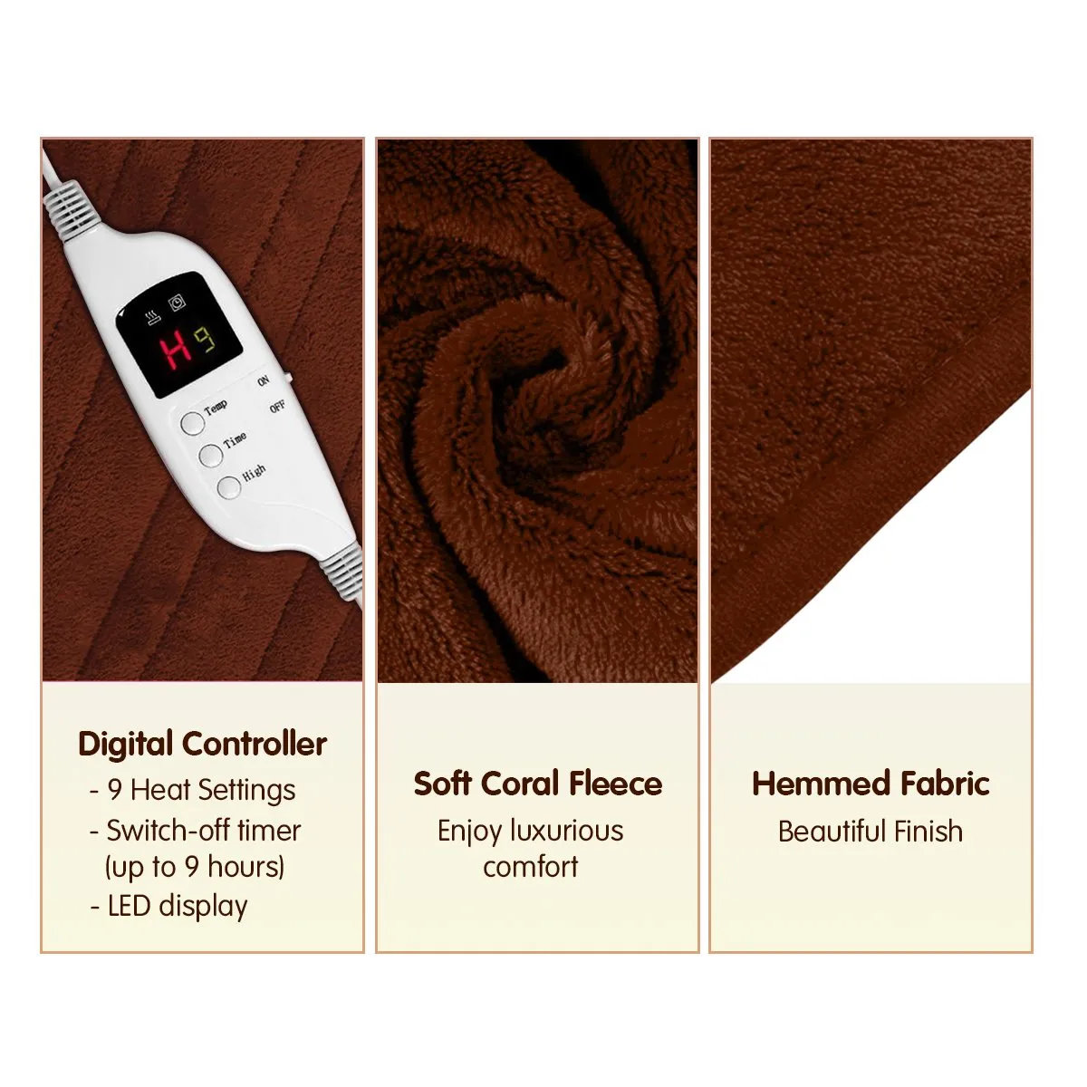 Heated Electric Blanket Throw Rug Coral Warm Fleece - Brown