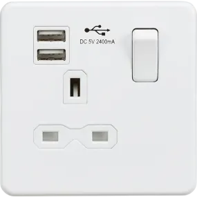 Knightsbridge Screwless 13A 1 Gang Switched Socket Dual USB Matt White