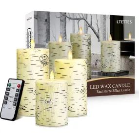 LTETTES LED Flameless Flickering Decorative Birch Bark Candle Set of 3 Candles - H4,5,6" x D2.95 Real Wax Made Battery Powered with Remote Timer for Home Decor,Festive Decor, Anniversary,Gifts