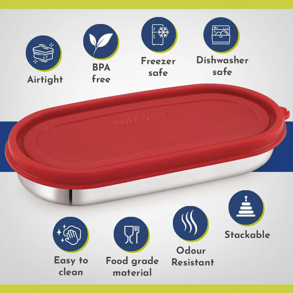 Magnus Easy Lock Oval Prime Container, Stainless Steel, Airtight & Leakproof Lid & Container, For School, Office Picnic, Ideal for Men,Women and Kids (Red,450ml)