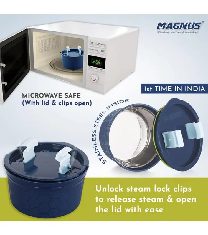 Magnus Microwave NEO 4 Lunch Box for Kids and Office Men | 3 Microwave Safe Steel Containers with Steam Lock 150/300/450 ml, Steel Bottle, Cutlery Set - Blue