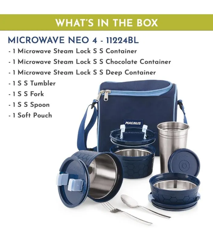 Magnus Microwave NEO 4 Lunch Box for Kids and Office Men | 3 Microwave Safe Steel Containers with Steam Lock 150/300/450 ml, Steel Bottle, Cutlery Set - Blue