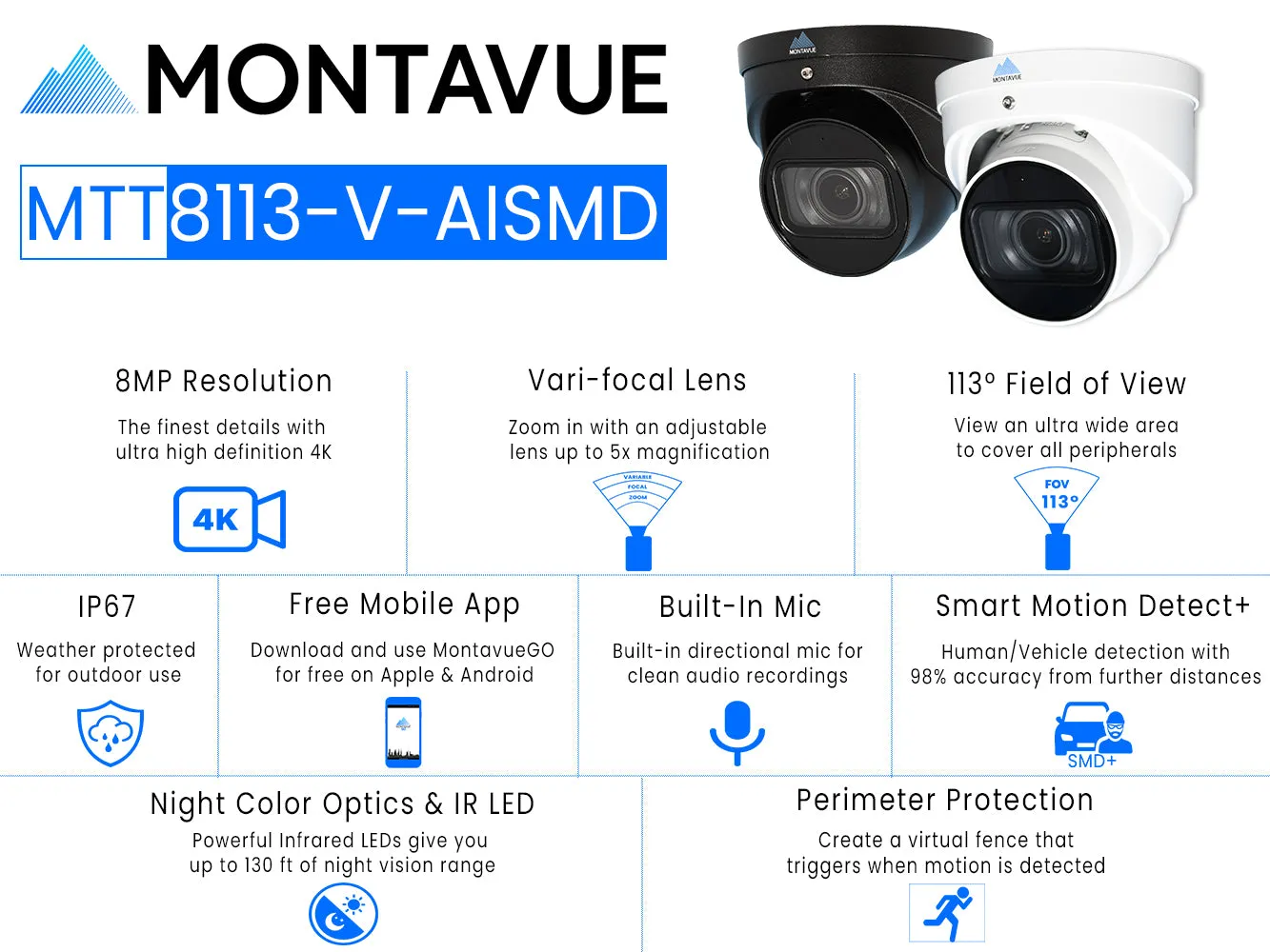 MTT8113-V-AISMD Package | 8MP 4K Smart Varifocal Turret Cameras and 8 Channel 4 Series AI NVR and 2TB HDD