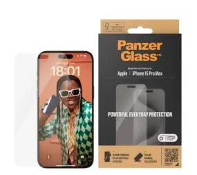 PanzerGlass™ Screen Protector for iPhone 15 Pro Max - Ultra-Wide Fit, Scratch-Resistant Tempered Glass, Privacy Protection, with Easy Mounting Aid