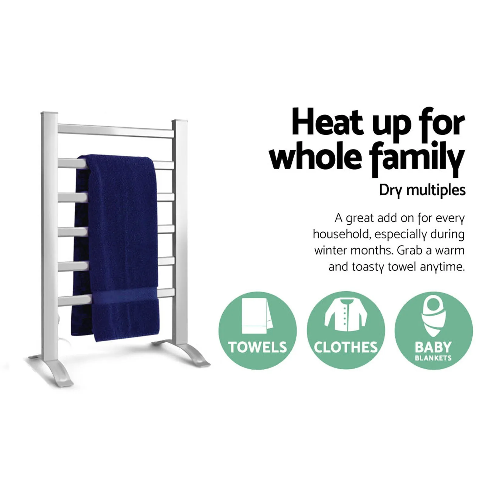 Portable 6-Bar Electric Heated Towel Rail with Timer - Devanti